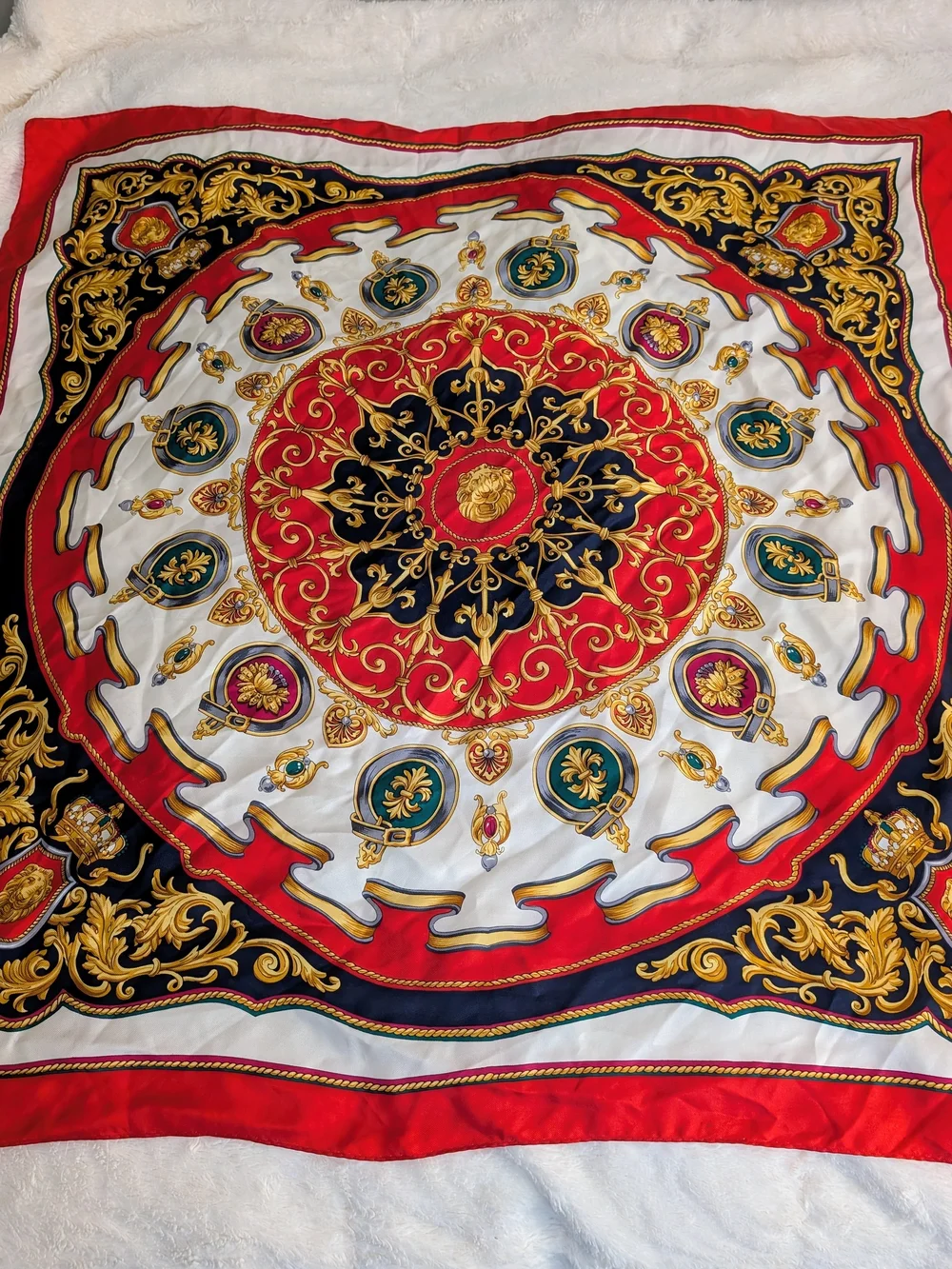 Vintage Japanese Silk Scarf Baroque Lion Medallion Red Gold 30x31